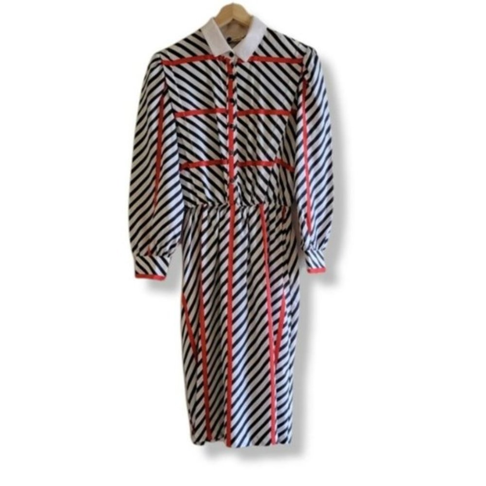 Algo Vintage Long Sleeved Stripped A Line Maxi Dress with  Shoulder Pads
